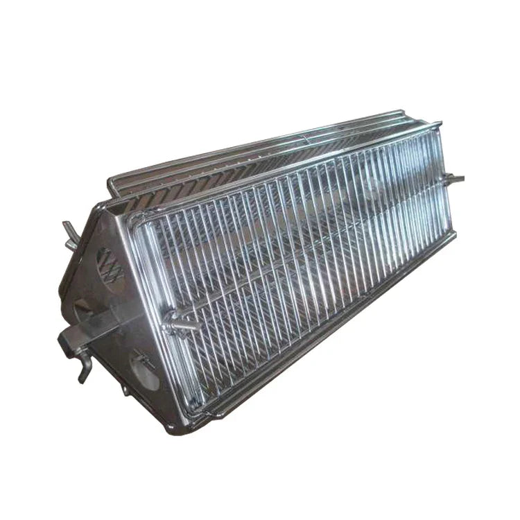 Stainless steel KuKoo rotisserie grill basket with a rectangular shape, featuring a grid design for even cooking and easy cleaning