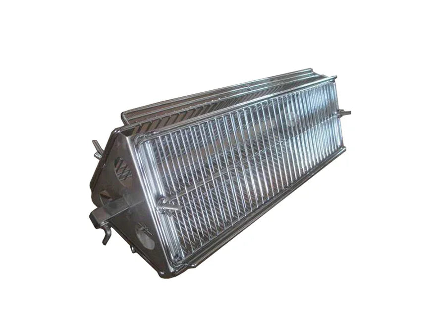 Stainless steel KuKoo rotisserie grill basket with a rectangular shape, featuring a mesh design for even cooking and easy cleaning