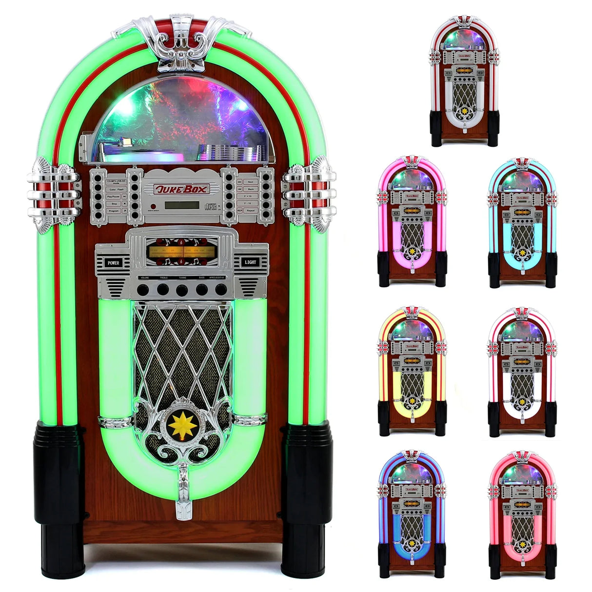 Retro style jukebox sound system with vibrant neon lights, wooden finish, chrome accents, and a classic design for nostalgic ambiance