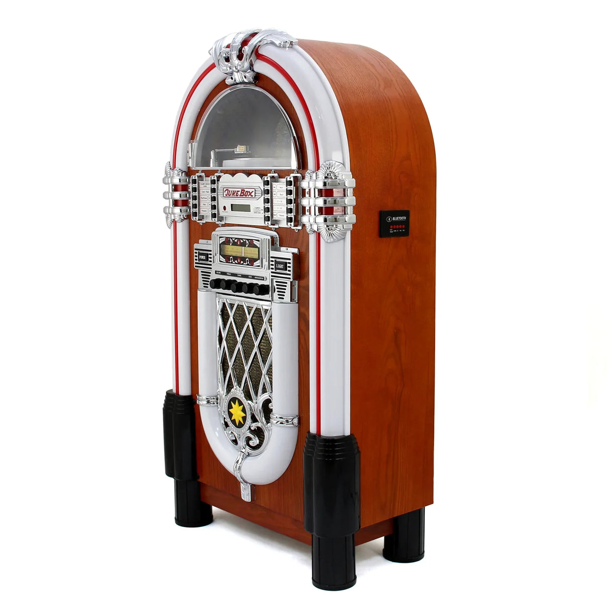 Retro style jukebox sound system with vibrant colors, chrome accents, and a wooden finish, featuring illuminated details and classic design elements