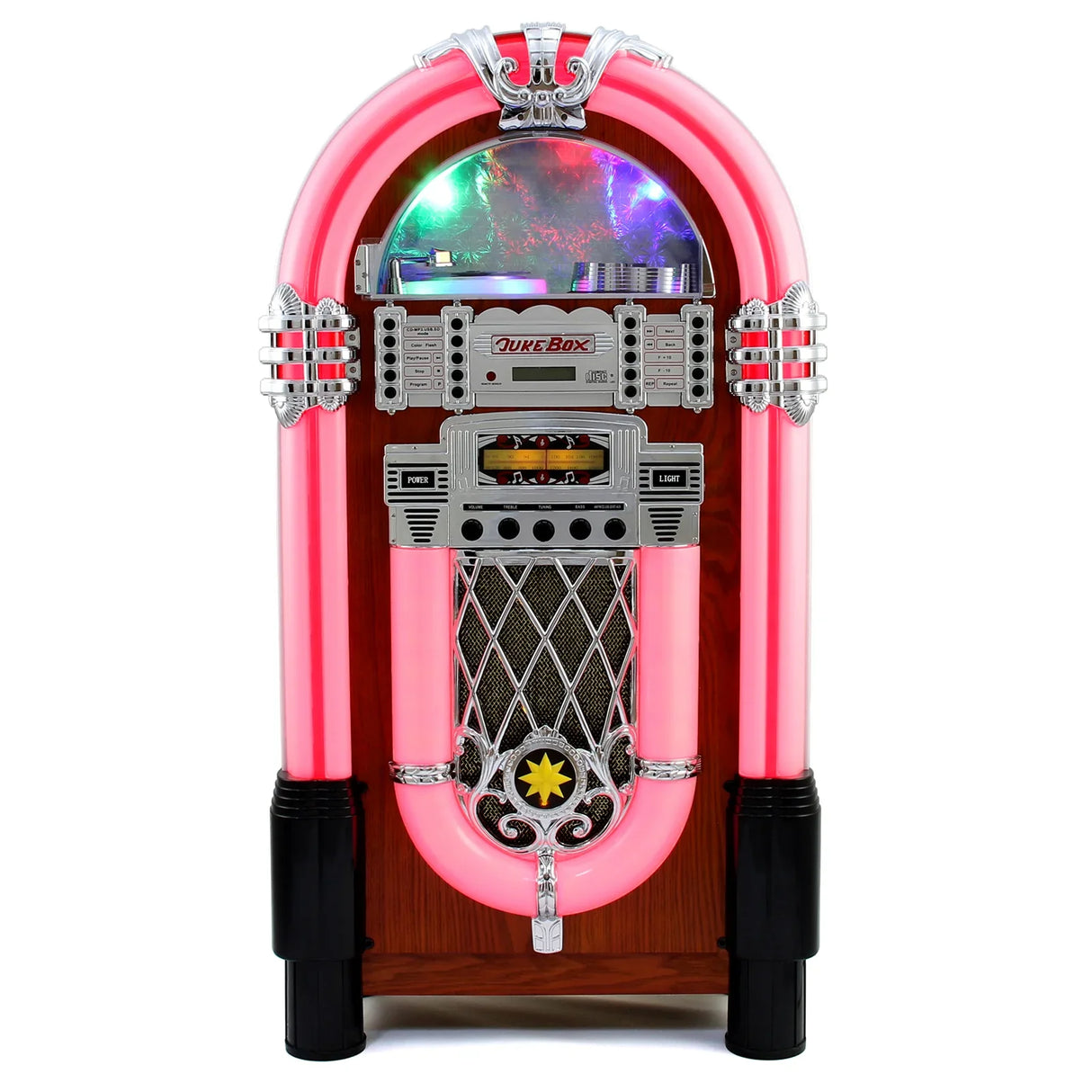 Retro style illuminated jukebox sound system with pink accents, chrome details, and colorful lights, perfect for vintage decor