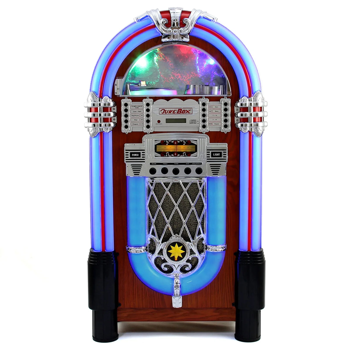 Retro style illuminated jukebox sound system with colorful LED lights, chrome accents, and a classic wooden finish, perfect for any room