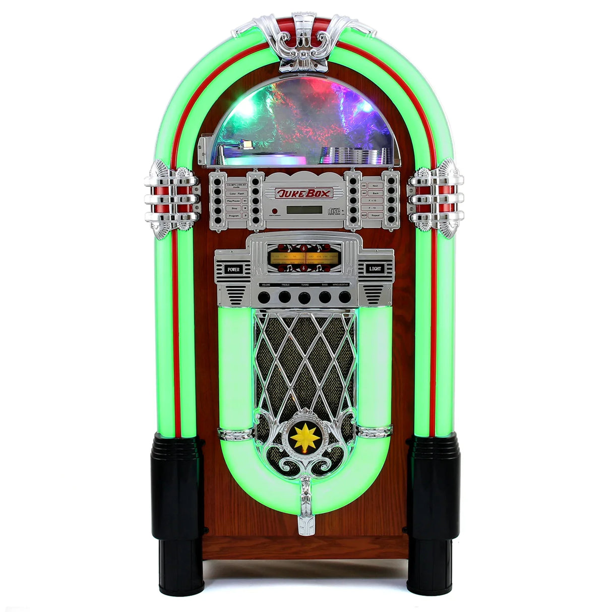 Retro style illuminated jukebox sound system with vibrant green accents, chrome details, and a classic wooden finish, perfect for nostalgic decor