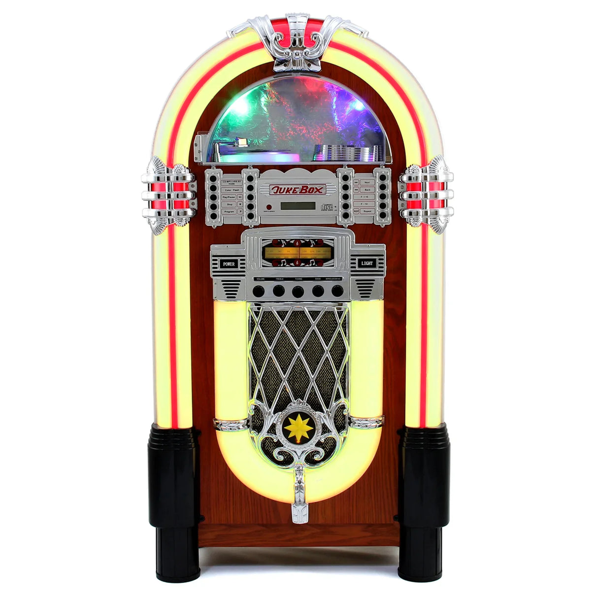 Retro style illuminated jukebox sound system featuring vibrant neon colors, chrome accents, and a classic wooden finish