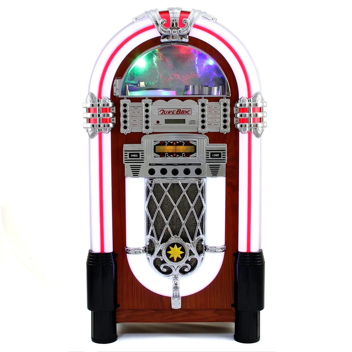 Retro style illuminated jukebox sound system with vibrant red and white neon lights, chrome accents, and a classic wooden finish
