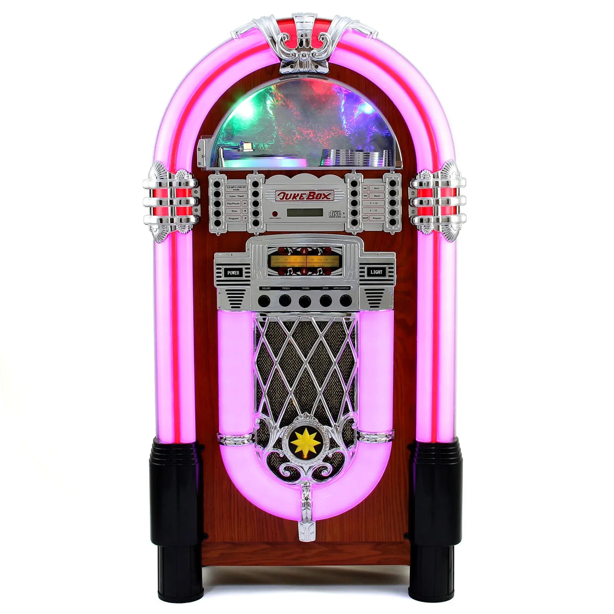 Retro style illuminated jukebox sound system with vibrant pink neon lights, chrome accents, and a classic wooden finish