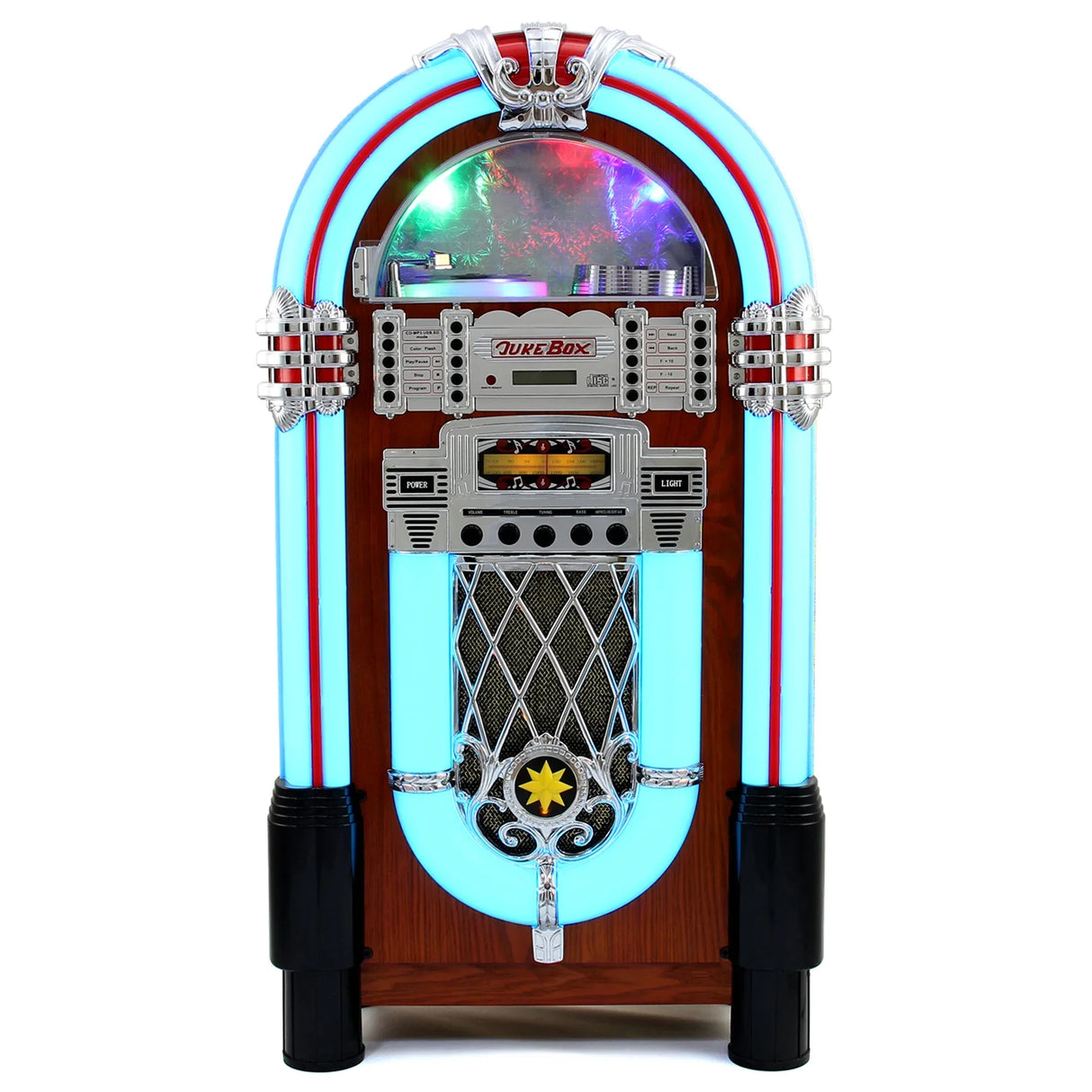Retro style illuminated jukebox sound system with vibrant neon lights, chrome accents, and a classic wooden finish