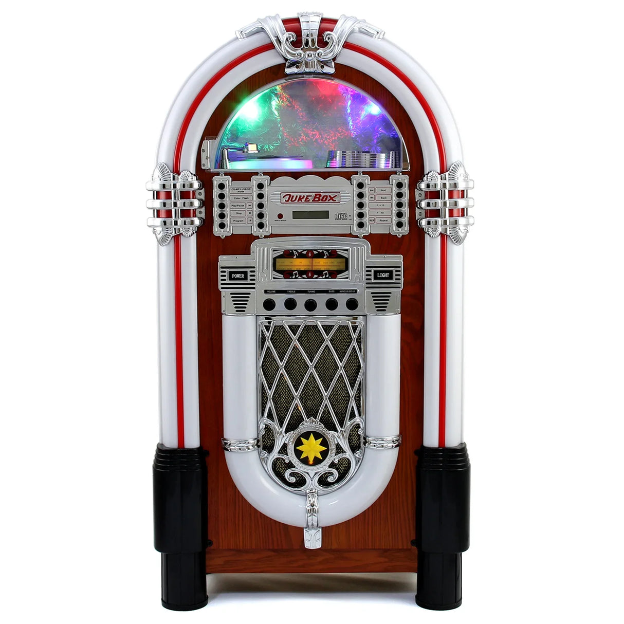 Retro style illuminated jukebox sound system with colorful lights, chrome accents, and a wooden finish, perfect for vintage decor