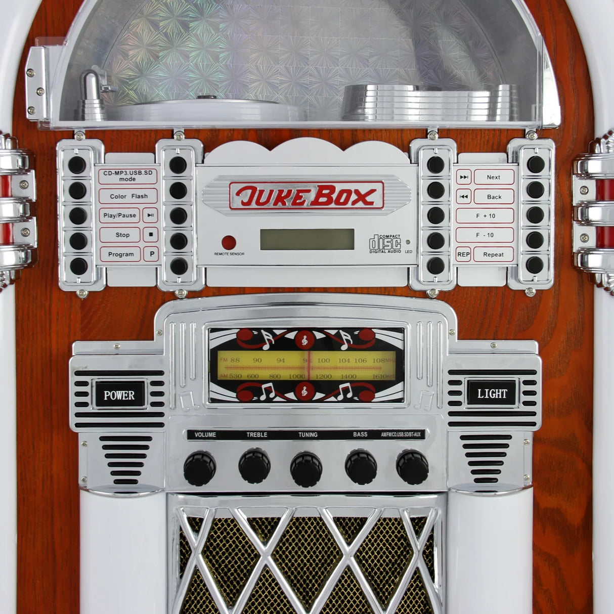 Retro style jukebox sound system with illuminated buttons, chrome accents, wooden finish, and a digital display for easy control