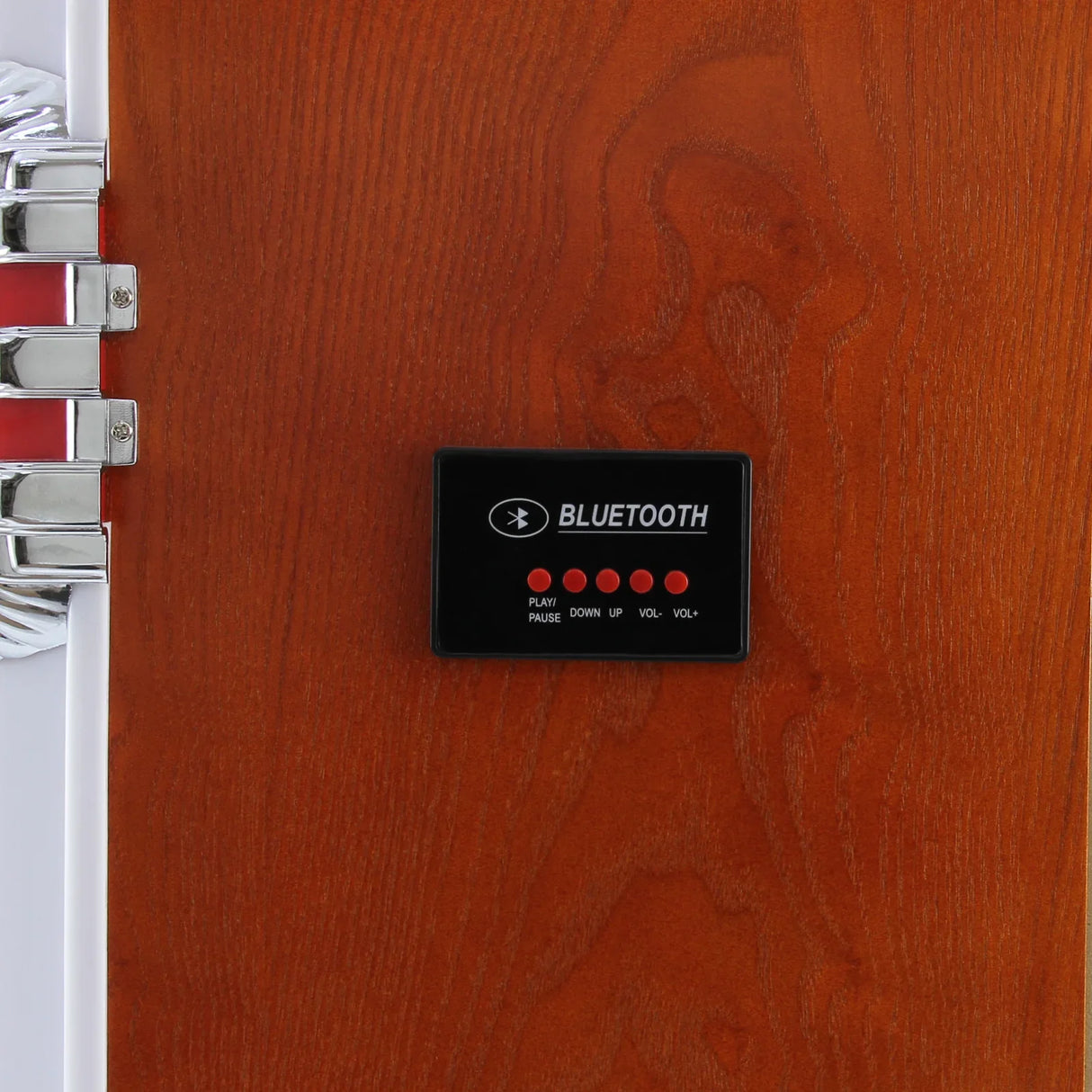 Bluetooth control panel on a retro-style illuminated jukebox sound system, featuring a wooden finish and red LED indicators