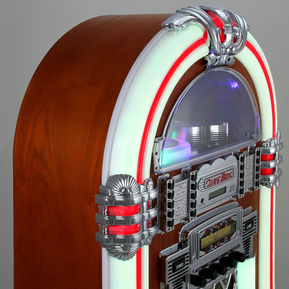 Retro style jukebox sound system featuring vibrant neon lights, polished wood finish, and chrome accents, perfect for nostalgic decor