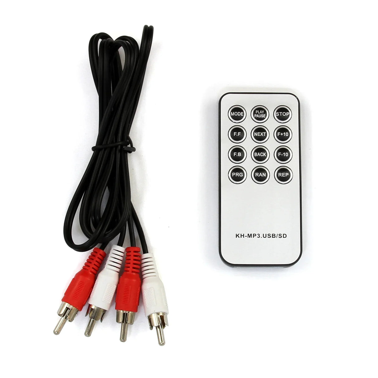 Retro jukebox sound system remote control with buttons for playback, connected to audio cables in red and white for easy setup