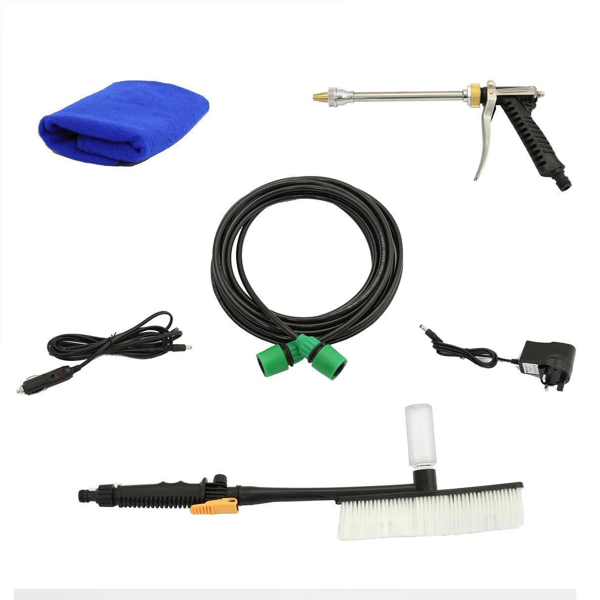 MAXBLAST 30L Cleaning Water Trolley accessories including a pressure gun, brush, hose, microfiber cloth, and power cables
