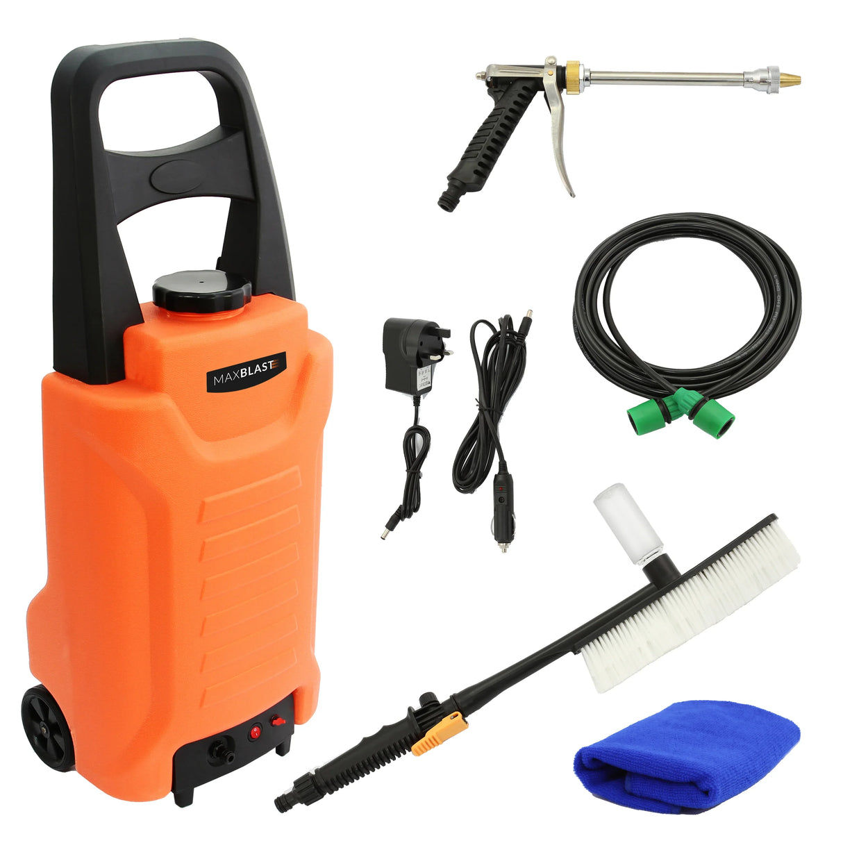 30L Water Trolley in bright orange with wheels, featuring a spray gun, hose, and cleaning brush for versatile outdoor use