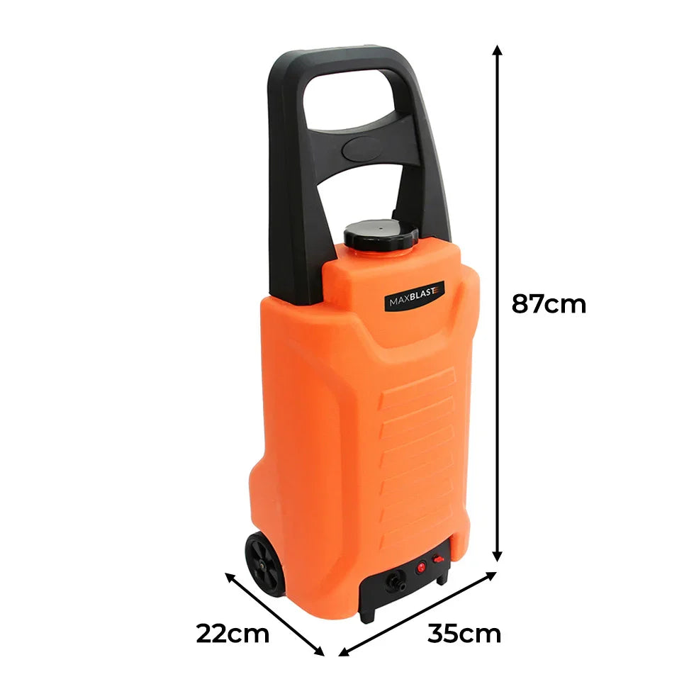 30L orange water trolley with black handle and wheels, featuring a sturdy design for easy transport and outdoor use