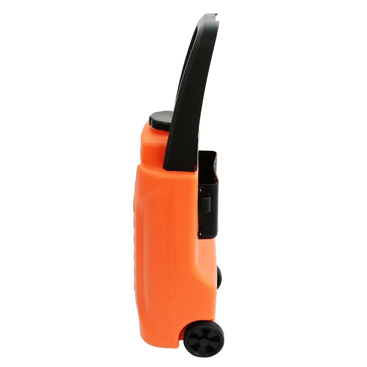 Side view of a compact orange 30L water trolley with a black handle and wheels, designed for easy mobility and water transport