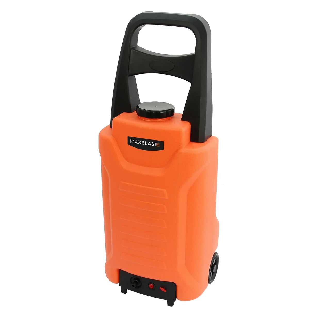 Compact orange water trolley with a sturdy handle, featuring wheels for easy transport, designed for use with a water fed cleaning pole