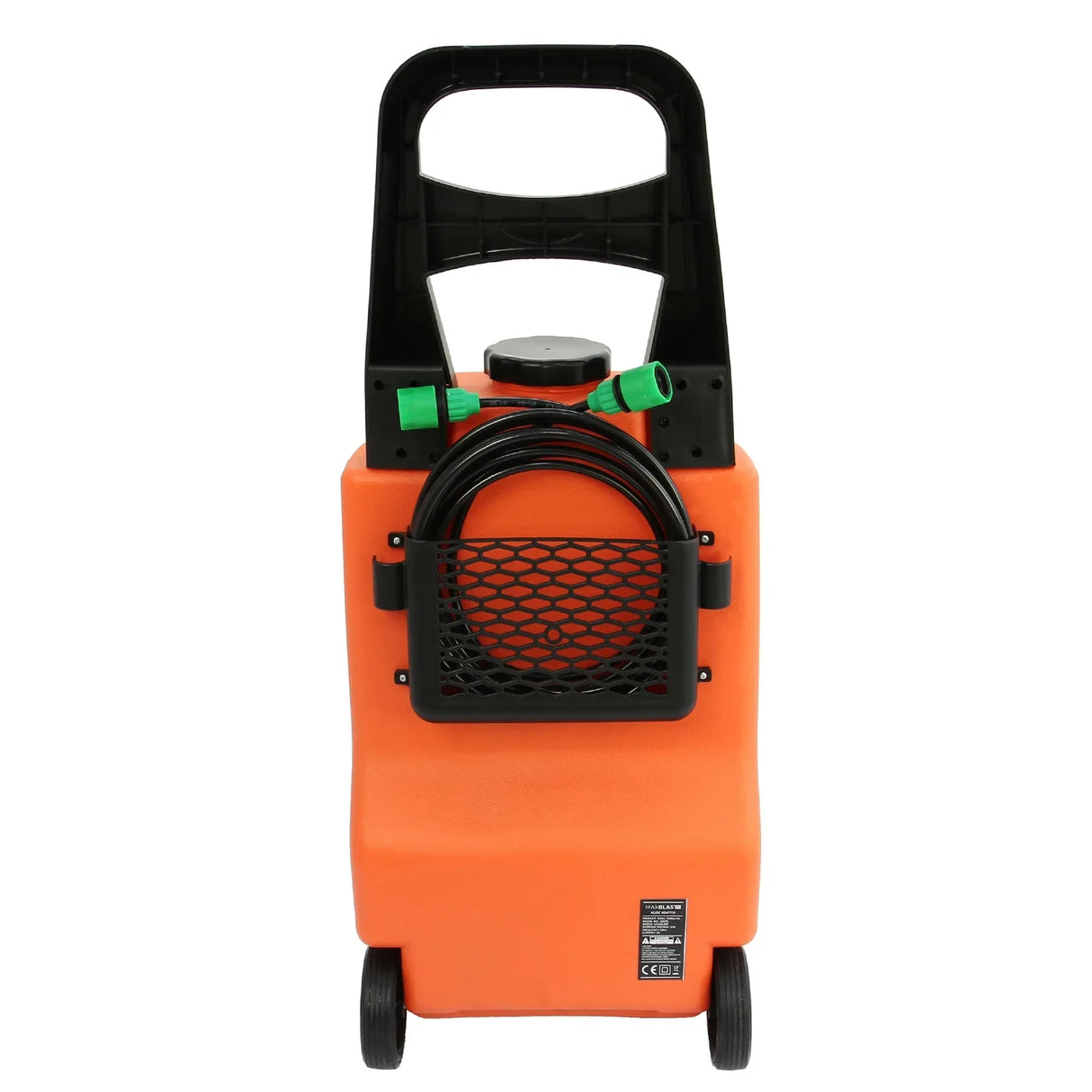 30L orange water trolley with a black handle, hose holder, and wheels for easy transport, designed for use with a 30ft water fed cleaning pole