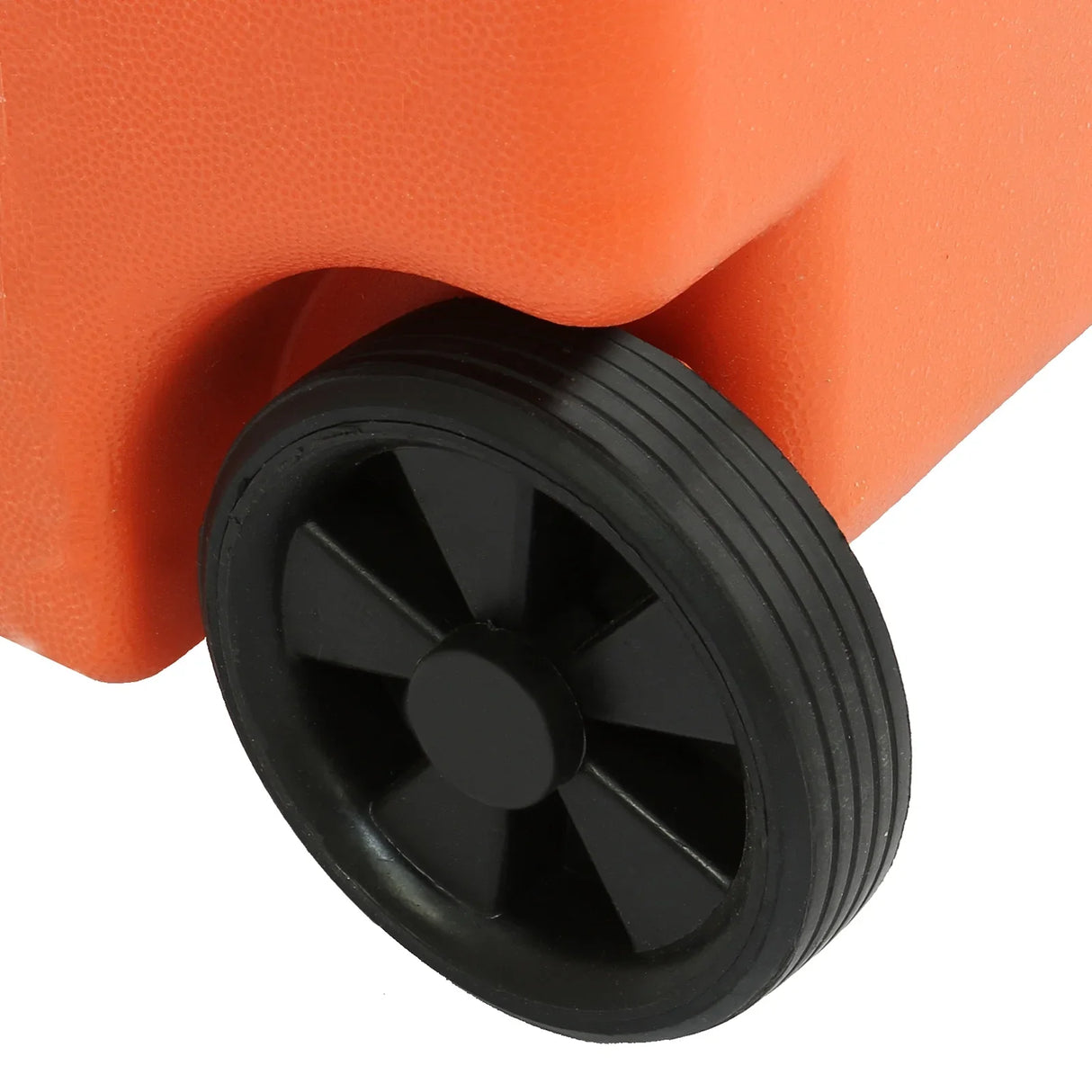 Close-up of a black rubber wheel on an orange water trolley, showcasing its textured surface and sturdy design for easy mobility