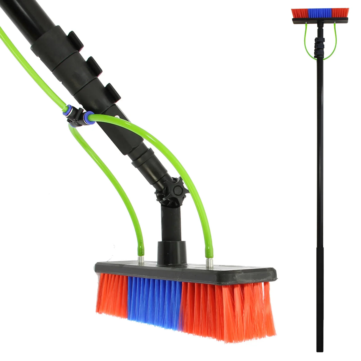 24ft water fed cleaning pole with a red and blue brush head, featuring green hoses for water delivery, ideal for high cleaning tasks