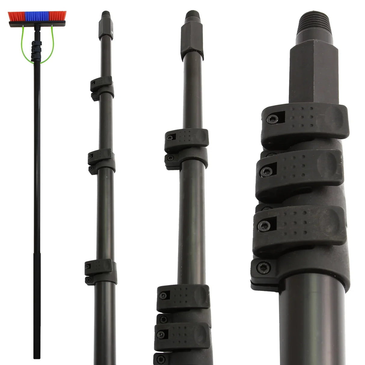 30ft water fed cleaning pole with adjustable sections, sturdy black material, and a brush head featuring red and blue bristles