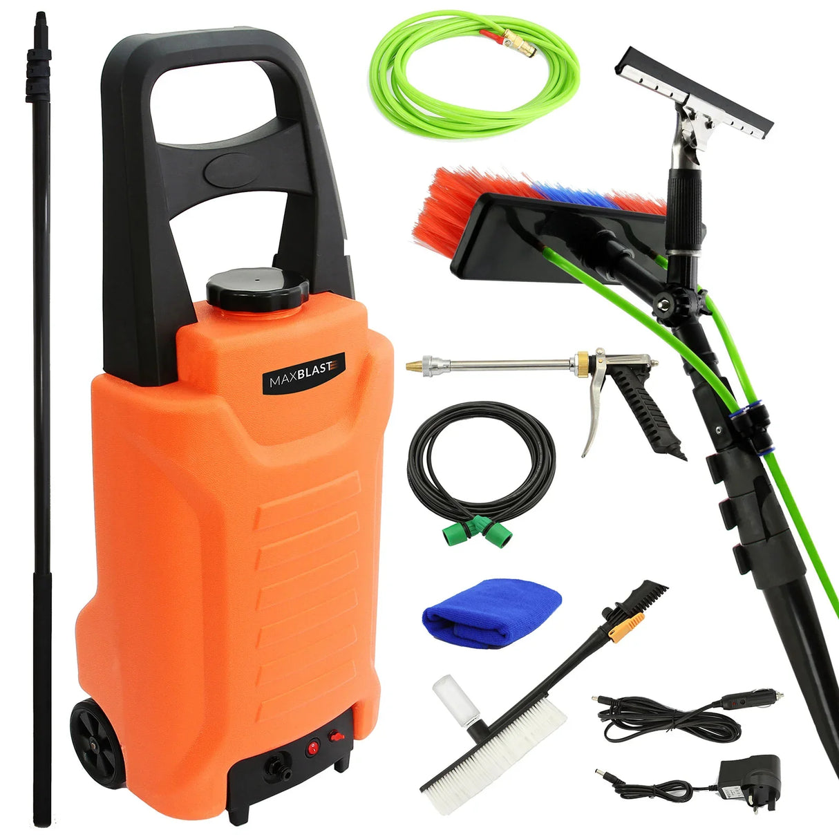 30ft water fed cleaning pole with colorful brush, orange 30L water trolley, hoses, and cleaning accessories for efficient outdoor cleaning