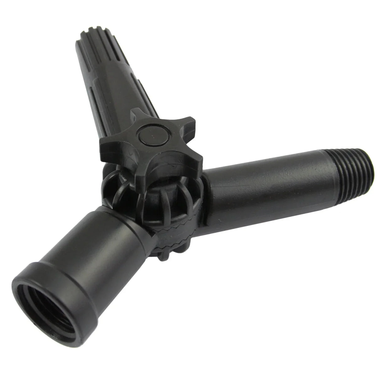 30ft water fed cleaning pole with a durable black plastic head, featuring a three-way connector for versatile cleaning applications