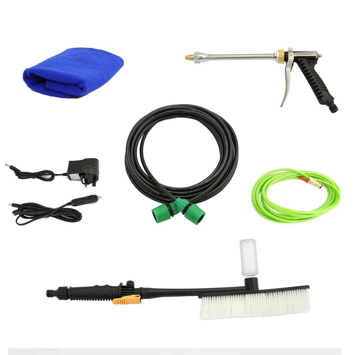 30ft water fed cleaning pole with brush, hose, nozzle, and accessories, featuring a blue microfiber cloth and green connectors
