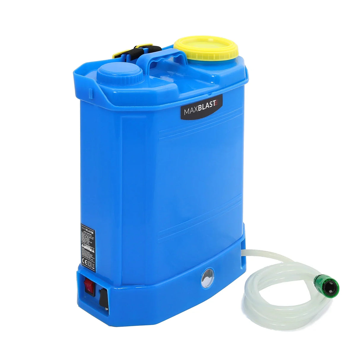 MAXBLAST 16L Water Fed Cleaning Backpack in bright blue, featuring a yellow cap, hose attachment, and ergonomic design for easy carrying