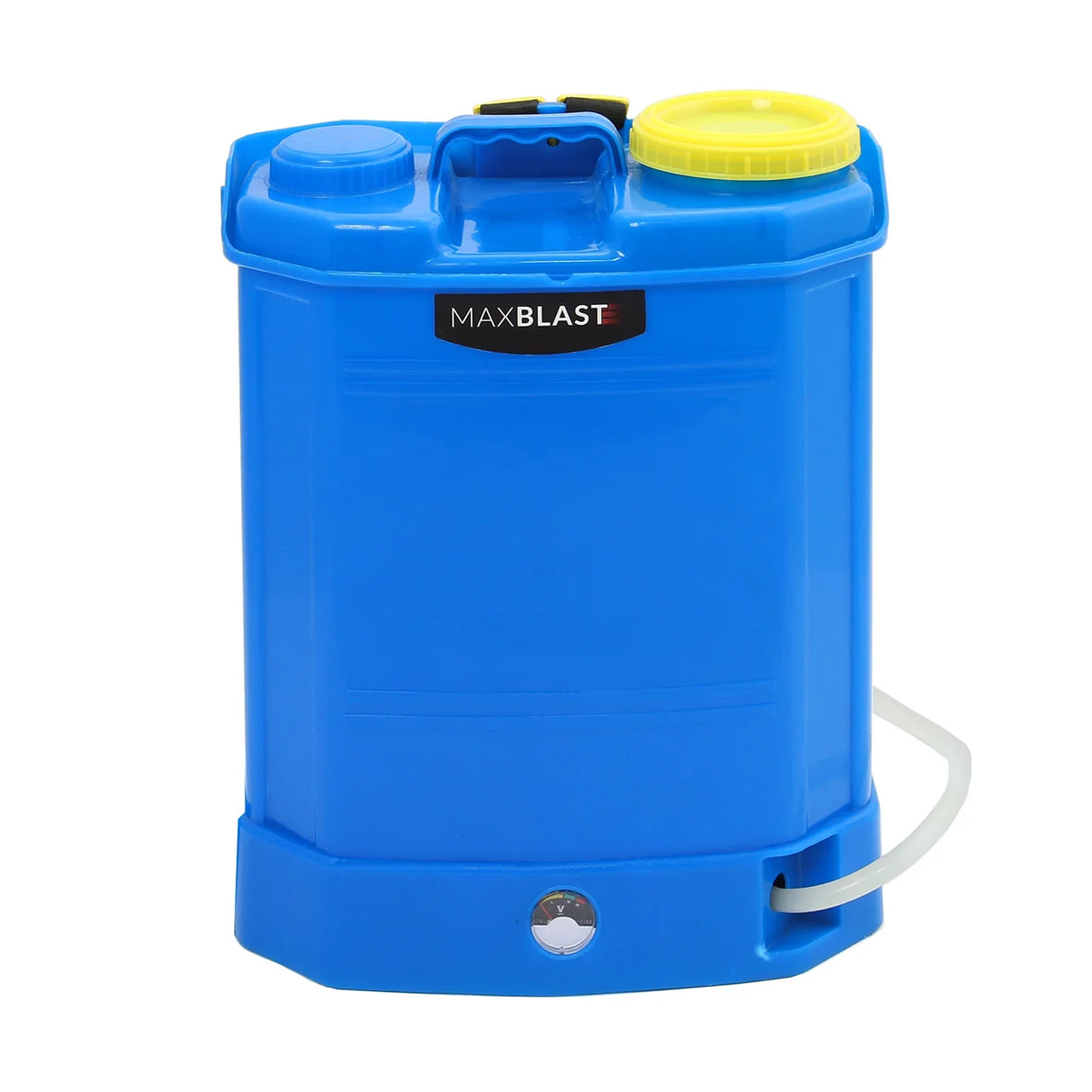 MAXBLAST 16L water fed cleaning backpack in bright blue, featuring a yellow cap, sturdy handle, and a hose for easy use