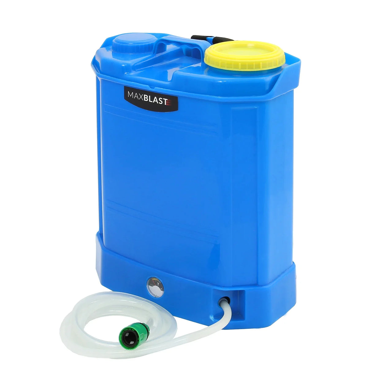 MAXBLAST 16L Water Fed Cleaning Backpack in bright blue with yellow cap, featuring a hose attachment for easy cleaning tasks