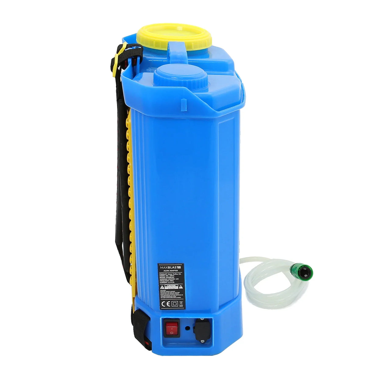 MAXBLAST 16L water fed cleaning backpack in bright blue with yellow cap, featuring a sturdy strap and attached hose for easy use