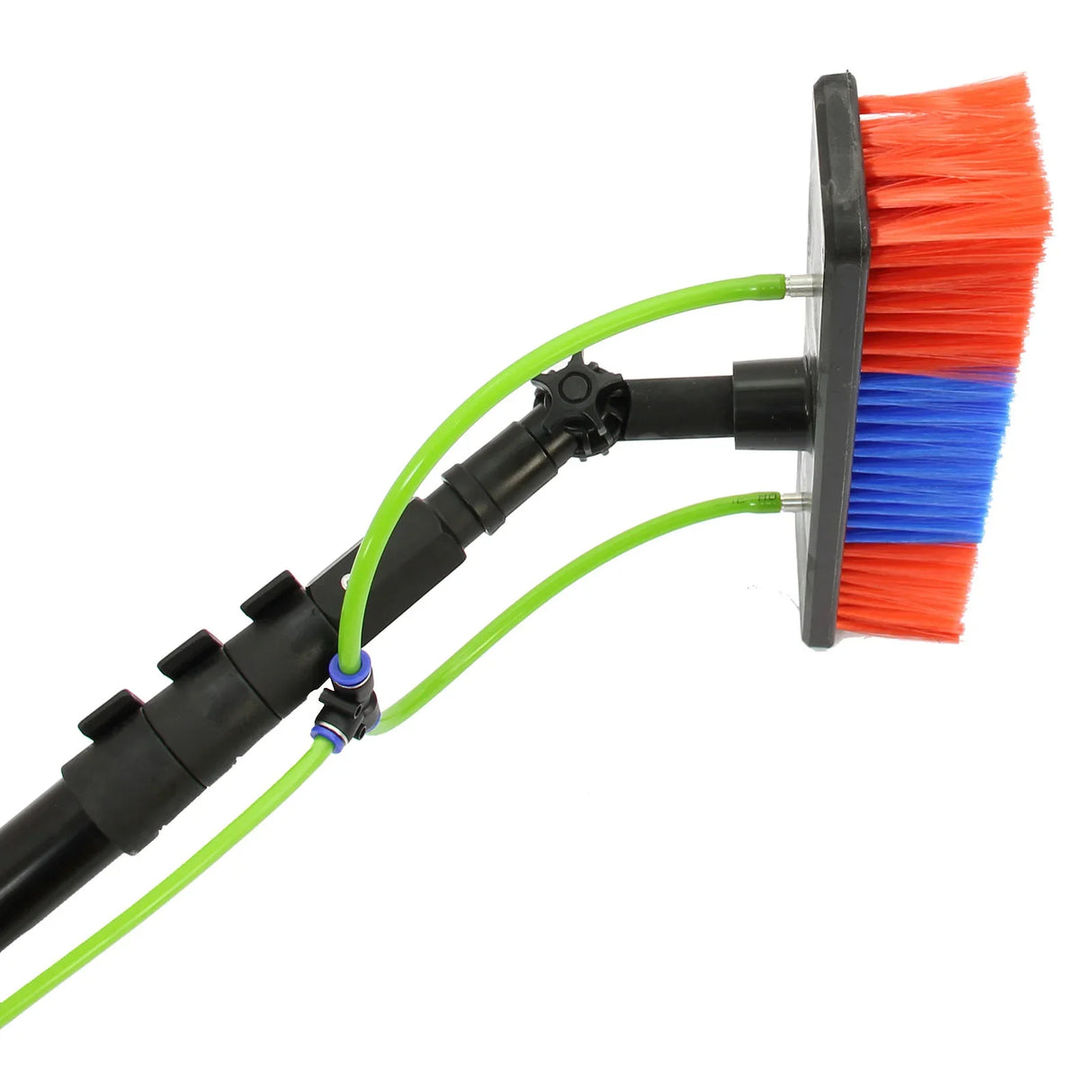 30ft water fed window cleaning pole with a colorful brush head featuring red and blue bristles and flexible green water tubes