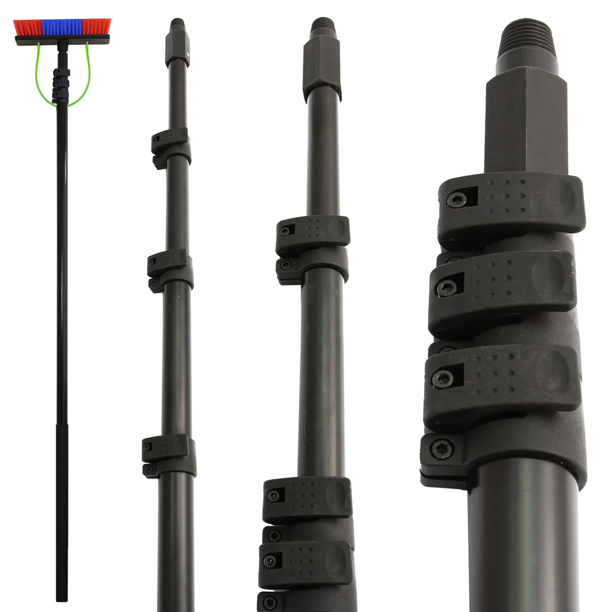 30ft water fed window cleaning pole featuring a lightweight black aluminum design, adjustable sections, and a brush head with red and blue bristles