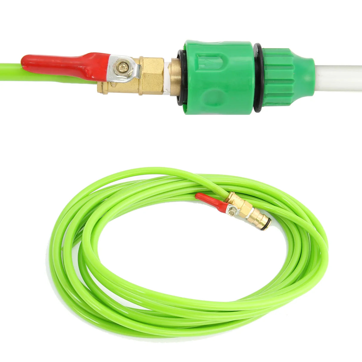 Water Fed Window Cleaning Pole with a green hose, brass connector, and red valve, designed for efficient high-reach cleaning