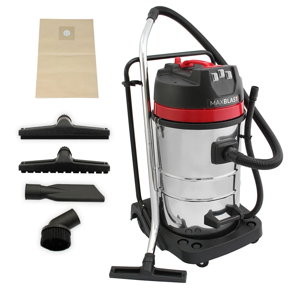 MAXBLAST 80L Industrial Vacuum Cleaner with a shiny stainless steel body, red accents, and multiple attachments for versatile cleaning