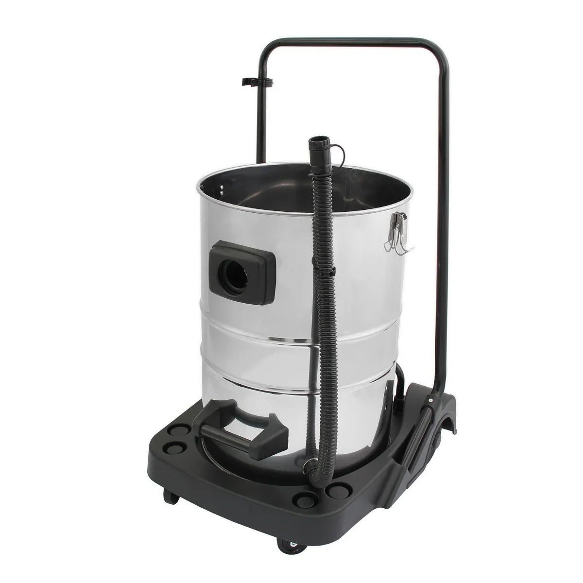 MAXBLAST 80L Industrial Vacuum Cleaner features a stainless steel body, sturdy black base, and flexible hose for efficient cleaning