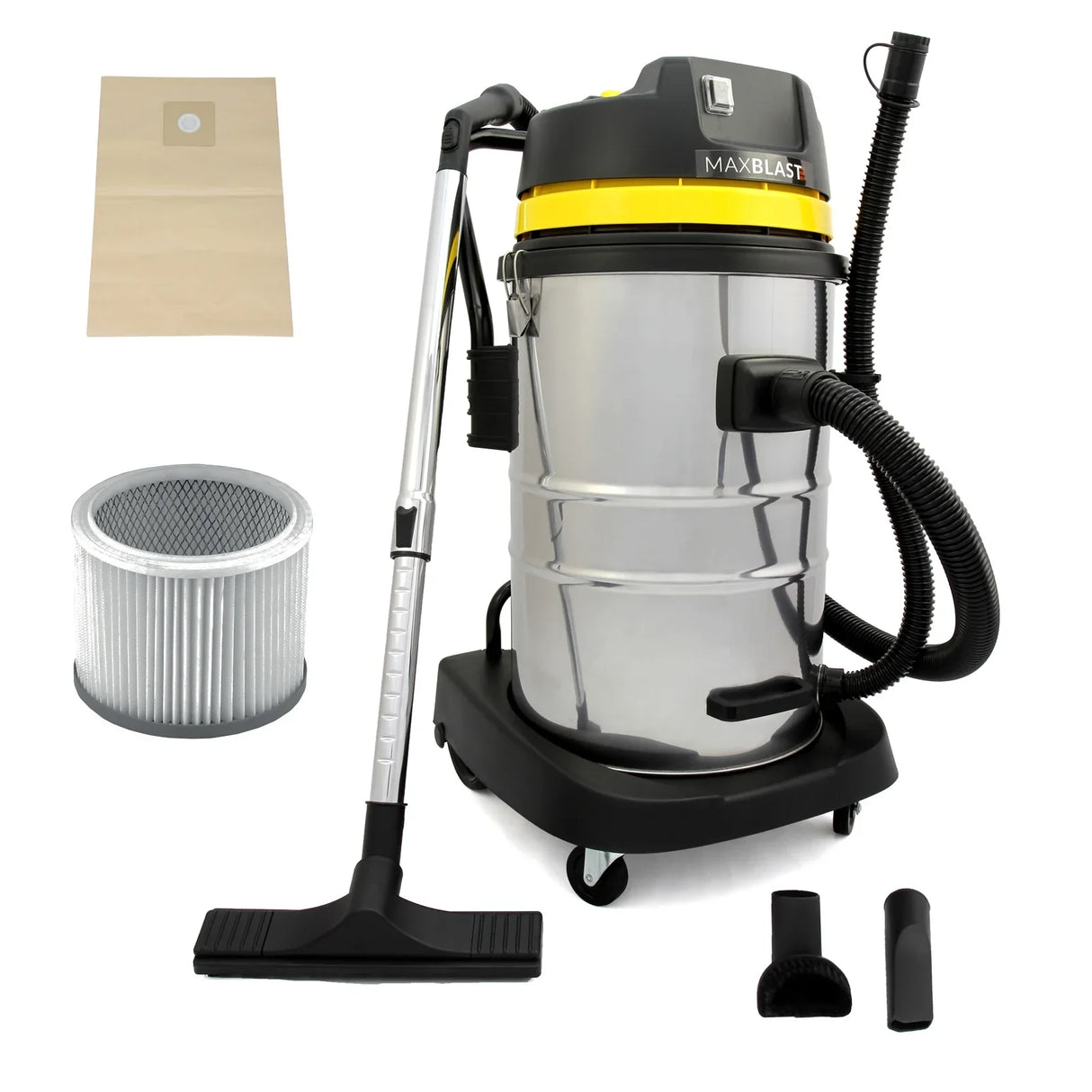 MAXBLAST 60L Industrial Vacuum Cleaner with stainless steel body, yellow accents, flexible hose, and various attachments for versatile cleaning
