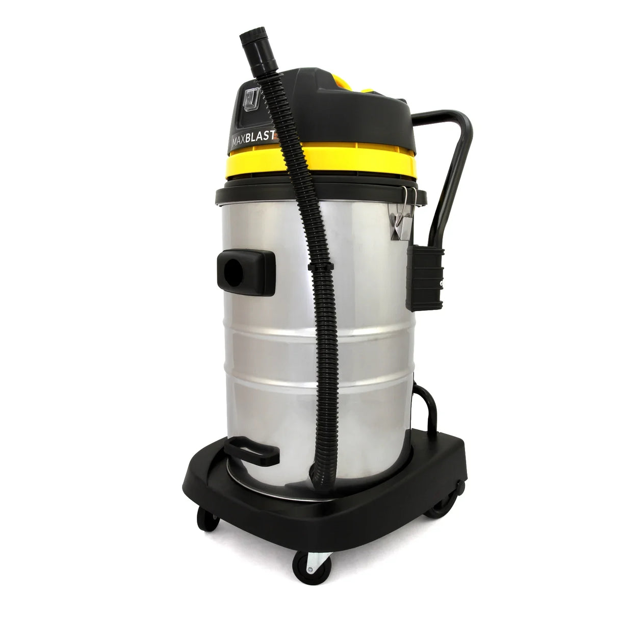 MAXBLAST 60L Industrial Vacuum Cleaner with a stainless steel body, yellow accents, flexible hose, and sturdy wheels for mobility