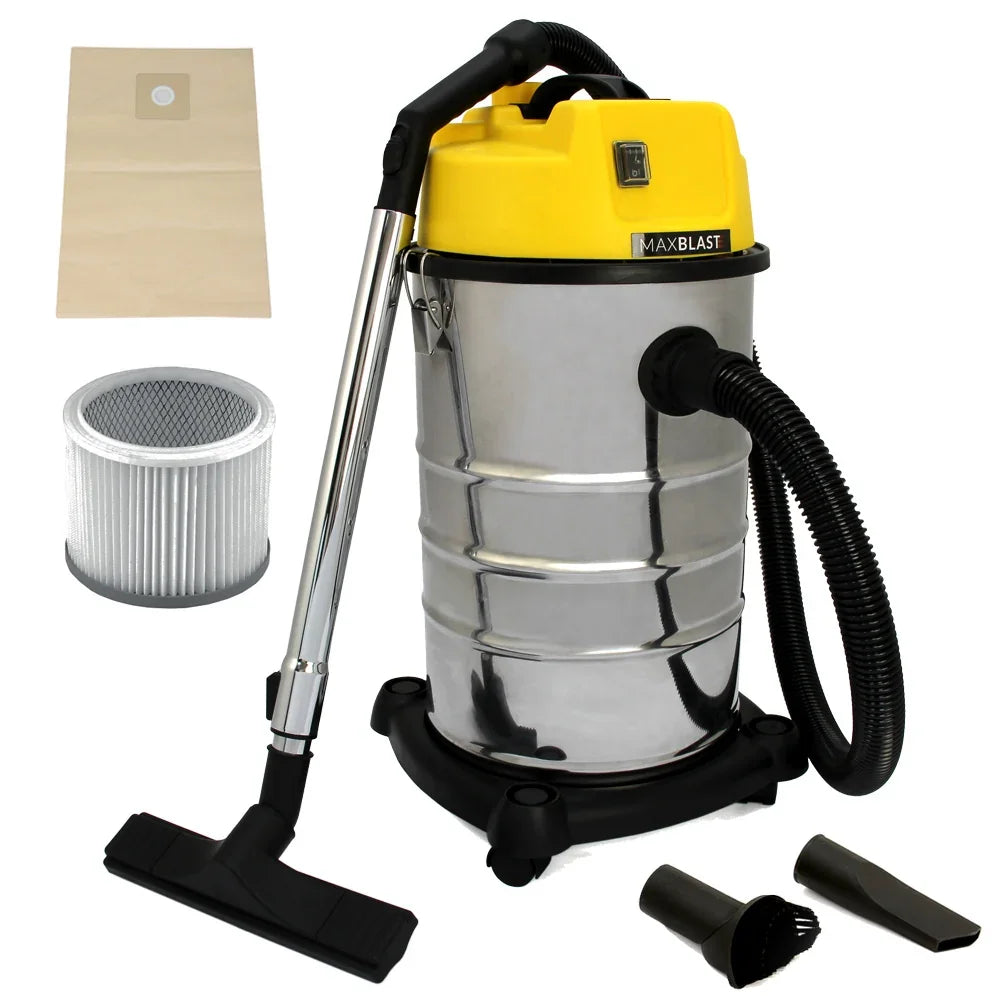 MAXBLAST 30L Industrial Vacuum Cleaner with a shiny silver metal body, yellow top, flexible hose, and various attachments for versatile cleaning