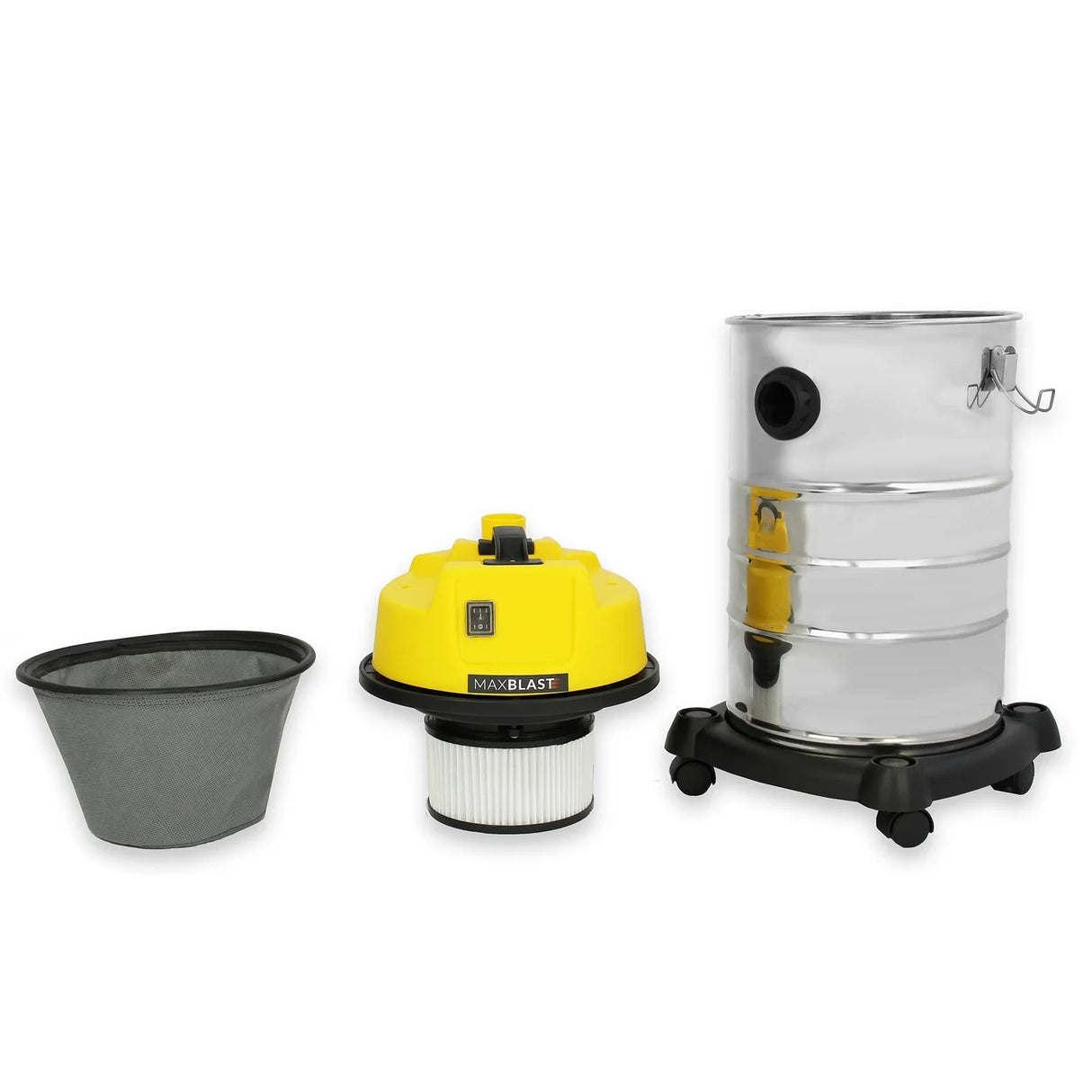 MAXBLAST 30L Industrial Vacuum Cleaner features a bright yellow motor unit, stainless steel canister, and a gray filter bag for efficient cleaning