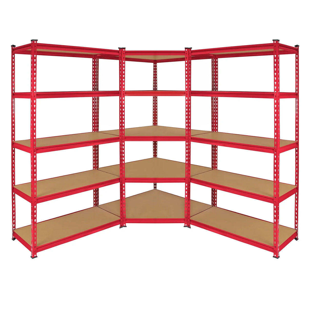 Z-Rax 90cm racking bundle featuring bright red metal frames and sturdy brown shelves, designed for corner shelving and garage storage
