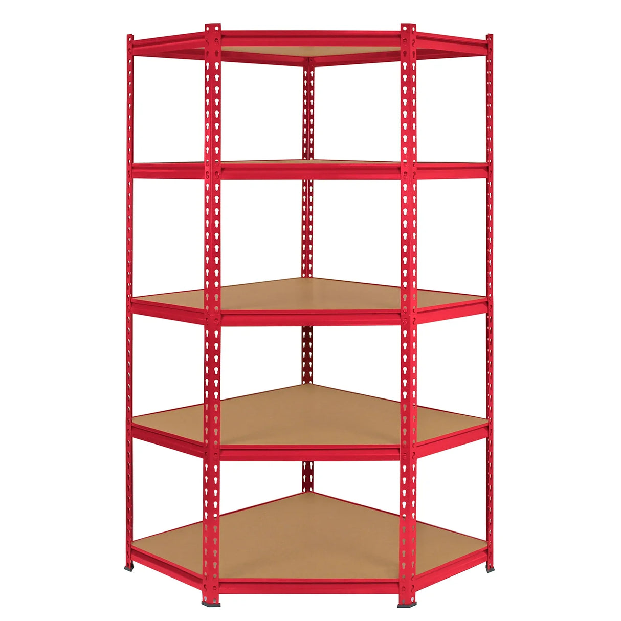 Red corner shelving unit with five sturdy, brown shelves, designed for efficient storage in garages or workshops