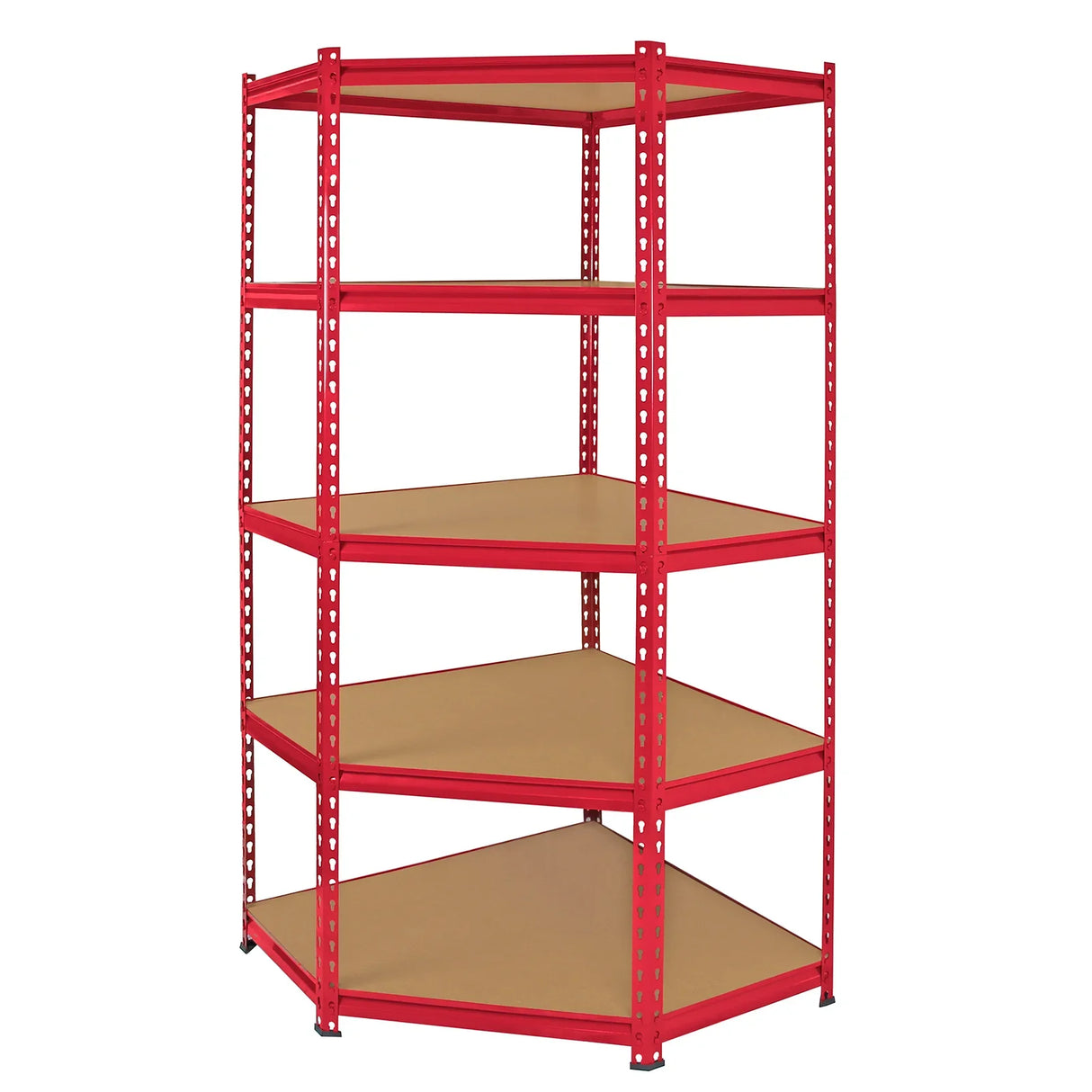 Red corner shelving unit with five sturdy, beige shelves, designed for efficient storage in garages or workshops