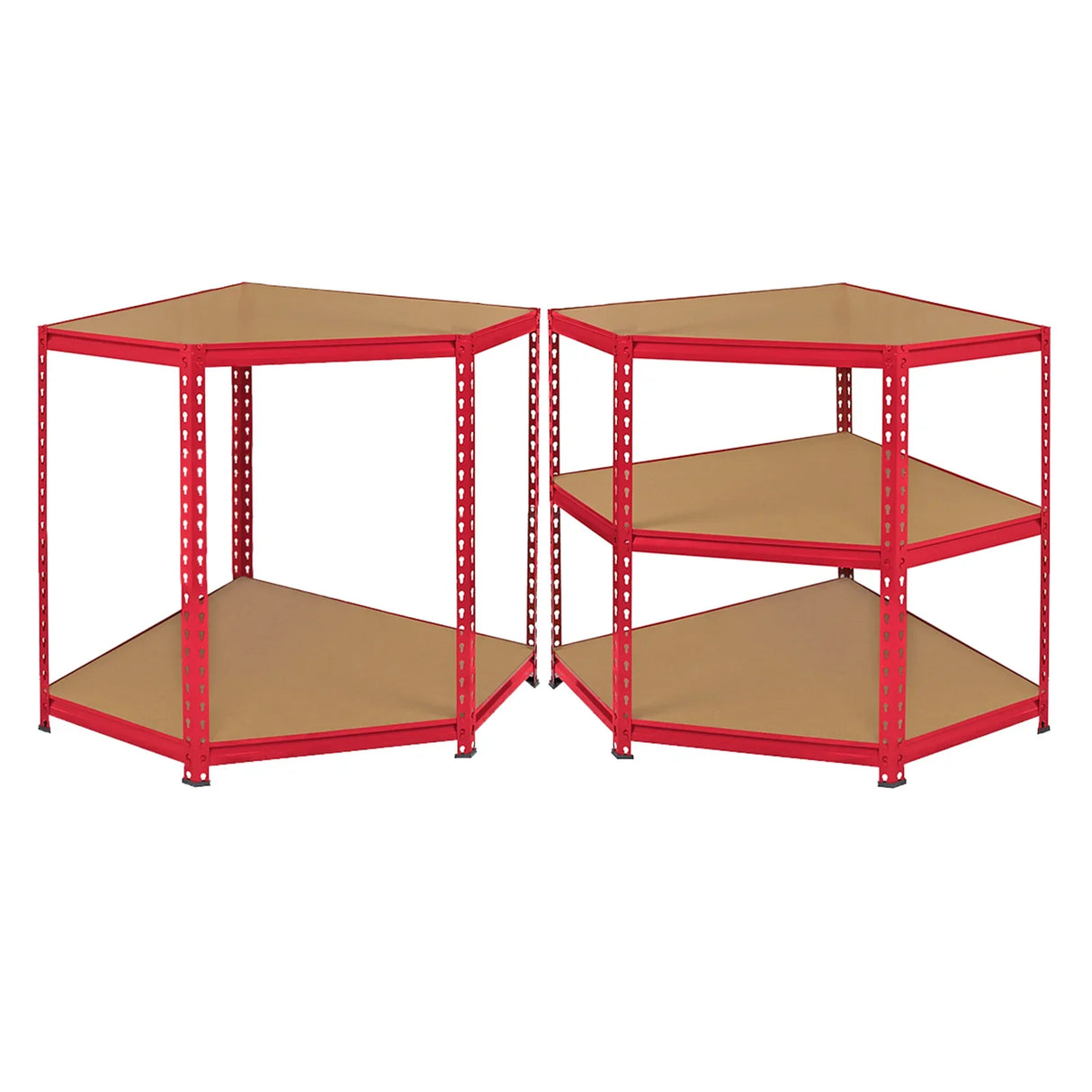 Red Monster Racking Z-Rax corner storage shelf unit, 90cm wide, featuring sturdy metal frame and three spacious, textured shelves
