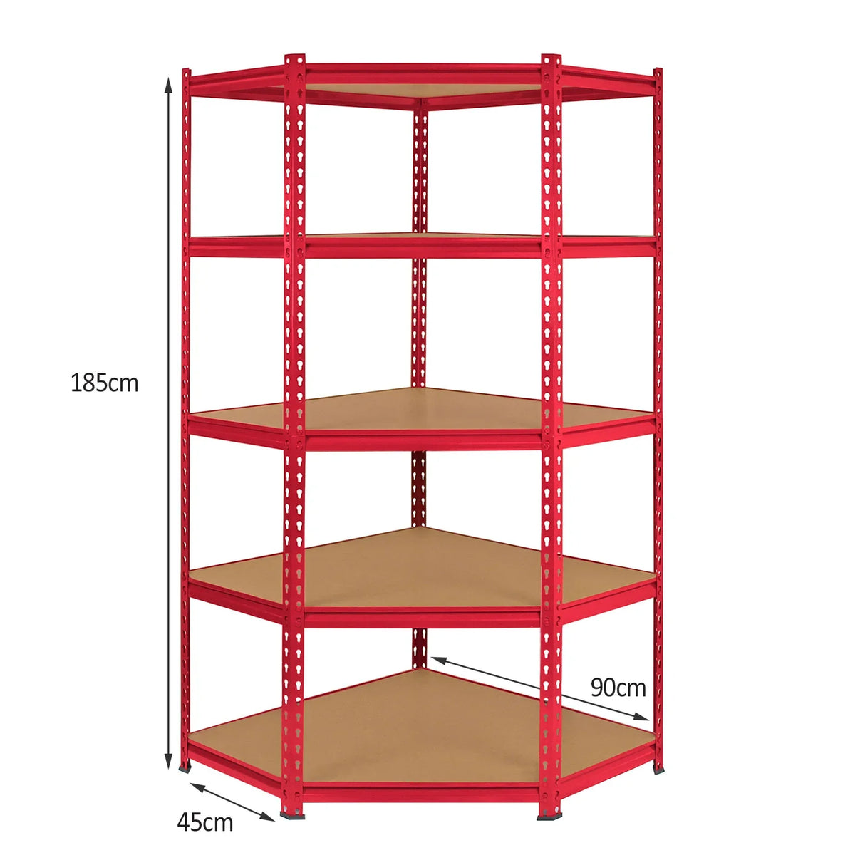 Z-Rax 90cm corner shelving unit in red with five sturdy shelves, measuring 185cm tall and 45cm deep, ideal for garage storage