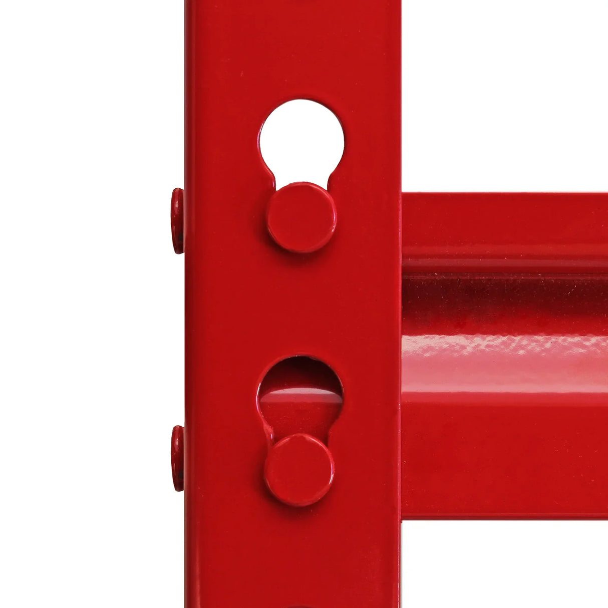 Close-up of the sturdy red metal frame of the Z-Rax racking system, showcasing its durable construction and adjustable shelving holes