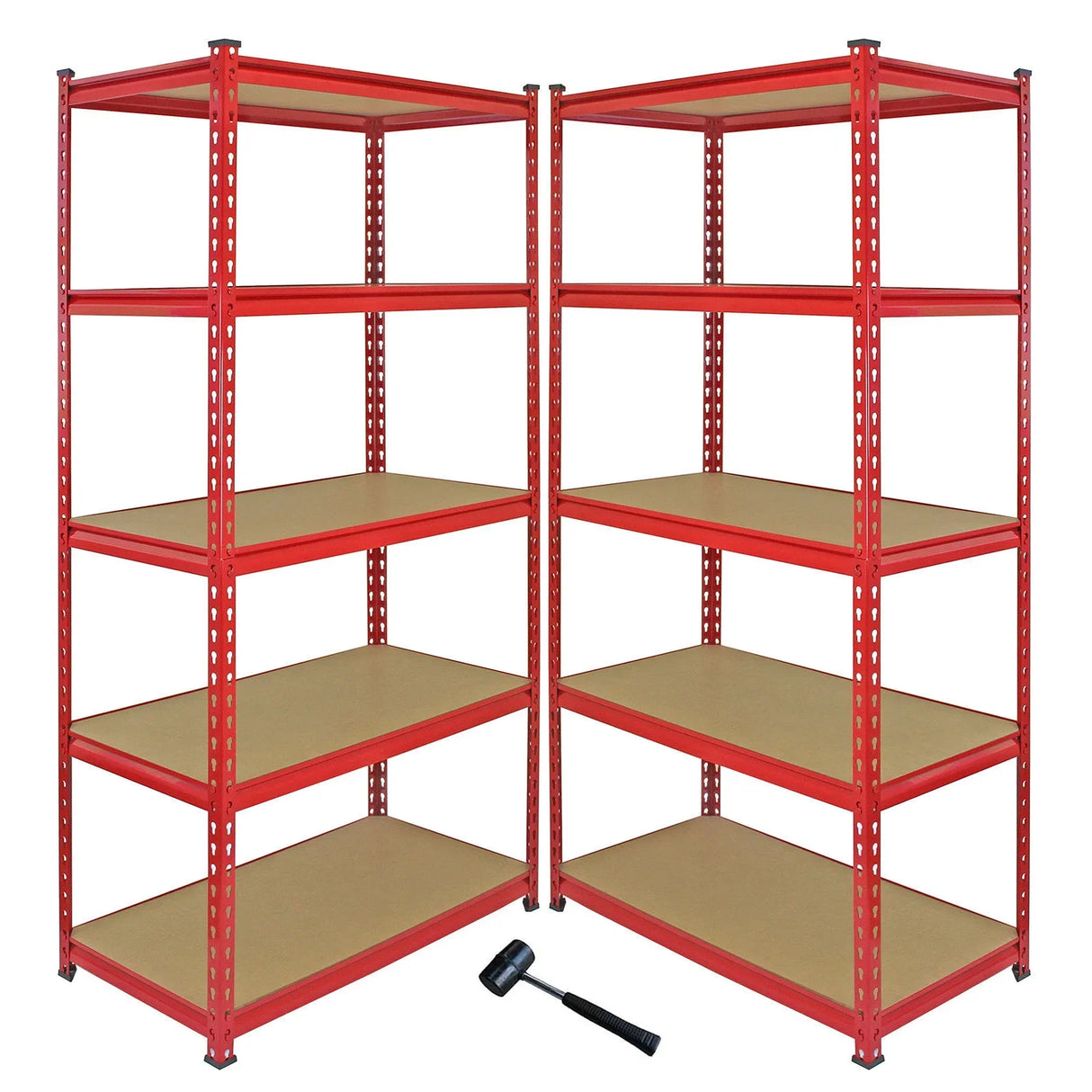 Z-Rax 90cm racking bundle featuring sturdy red metal frames and smooth wooden shelves, ideal for garage or corner shelving use