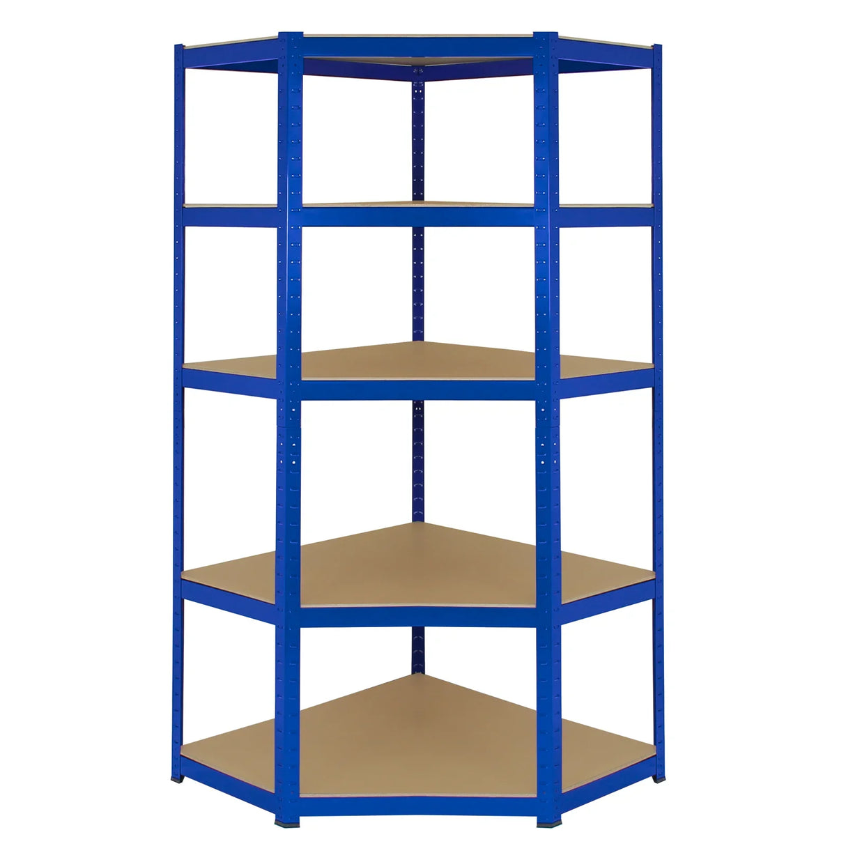 Blue Monster Racking T-Rax corner storage shelf unit, 90cm wide, featuring five sturdy, beige shelves with a sleek, modern design