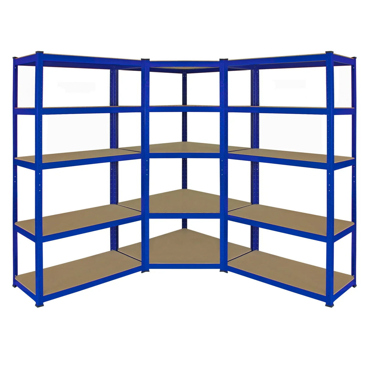 Blue Monster Racking T-Rax corner shelving unit with two 90cm garage storage bays, featuring sturdy metal frames and spacious shelves
